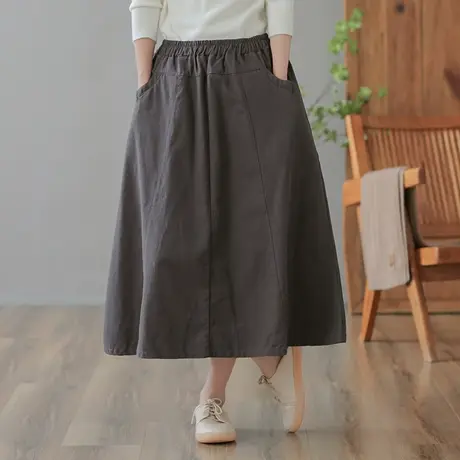 dza高腰显瘦纯色全棉复古半身裙子女春秋新款宽松A字裙文艺大摆裙图片