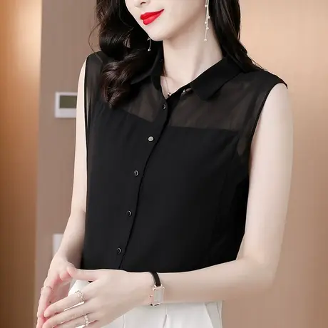 无袖衬衫女设计感韩版显瘦黑色2023夏季新款雪纺衬衫时尚气质女衫商品大图