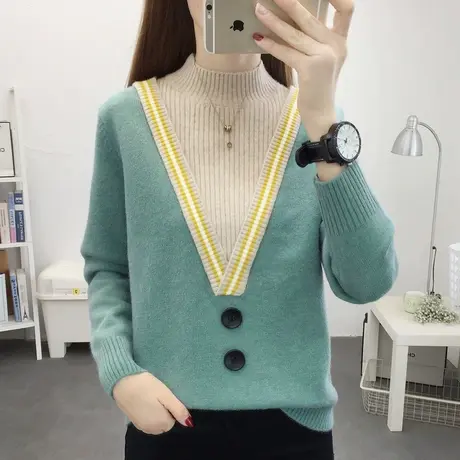 假两件女2023年秋冬新款半高领宽松加厚套头毛衣拼色针织打底衫女商品大图