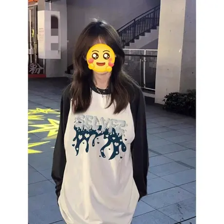 美式复古插肩长袖t恤女秋冬2023新款大码宽松甜酷拼接百搭上衣商品大图