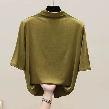 莫代尔半高领五分袖t恤女春夏短袖薄款中袖打底衫内搭白色上衣潮商品大图