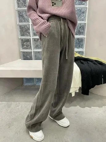 2023早春新款欧洲站灯芯绒雪尼尔阔腿裤女春秋薄款条绒直筒拖地裤商品大图