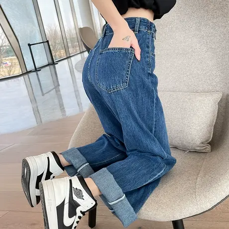 高腰阔腿裤牛仔裤女秋冬2023年新款宽松显瘦直筒小个子垂感加长裤商品大图