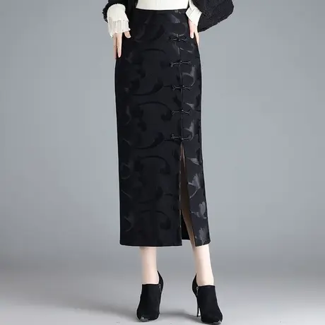 复古盘扣开叉一步裙女2025春秋新款高腰修身包臀半身裙直筒中长裙商品大图