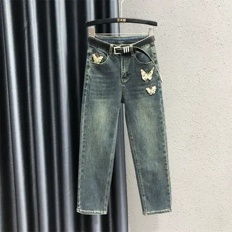 小众设计蝴蝶贴布时髦九分烟管裤港味2023女秋新款显瘦牛仔直筒裤商品大图