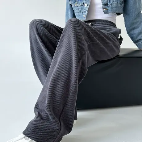 灰色灯芯绒阔腿裤女秋冬新款高腰宽松显瘦松紧腰窄版雪尼尔休闲裤商品大图