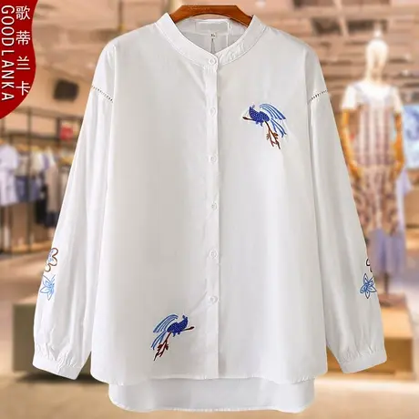 中老年女装绣花长袖上衣中年妈妈衬衣加肥加大码宽松纯棉白色衬衫商品大图