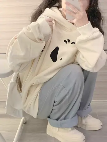 日系chic甜美风带帽卫衣女秋冬加绒加厚大码外套ins洋气减龄上衣图片