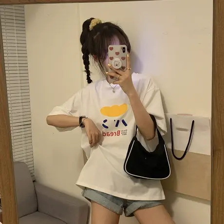 T恤女春夏2024年新款韩版宽松白色印花短袖网红爆款打底上衣ins潮商品大图