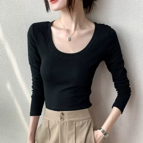 纯棉打底衫女2025秋季新款大圆领修身正肩长袖T恤紧身内搭上衣图片