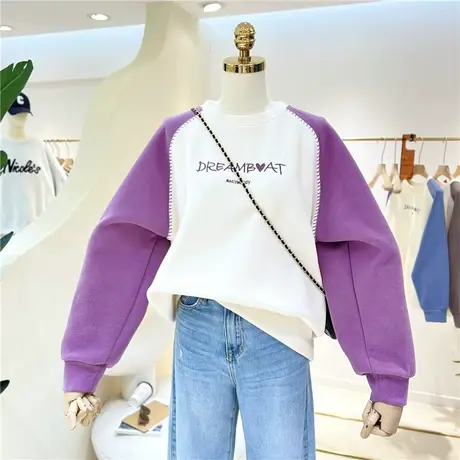 2023春秋百搭复古刺绣字母宽松显瘦拼接撞色圆领套头卫衣女外套潮商品大图