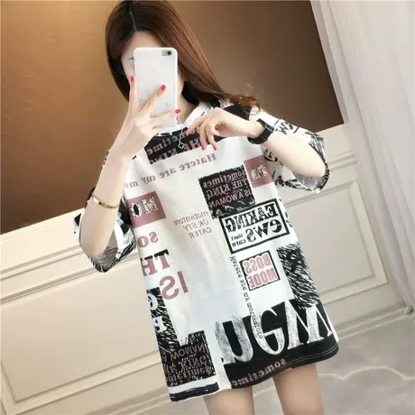 网红港风ins超火短袖t恤女夏韩版宽松中长款下衣失踪半袖上衣服潮商品大图