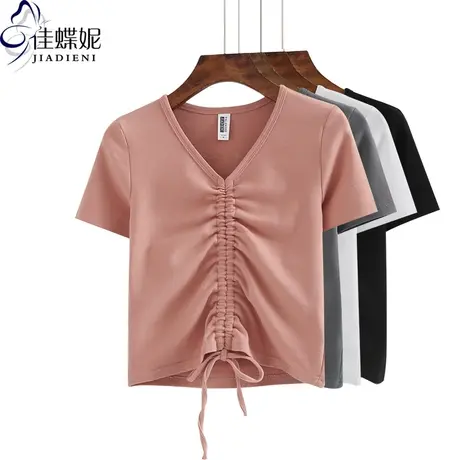 早春夏露脐抽绳上衣v领女超短款高腰打底衫内搭小心机性感短袖T恤商品大图