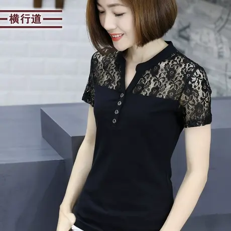 2025夏装新款蕾丝t恤女装上衣短袖开叉黑色v领打底衫立领半袖大码商品大图