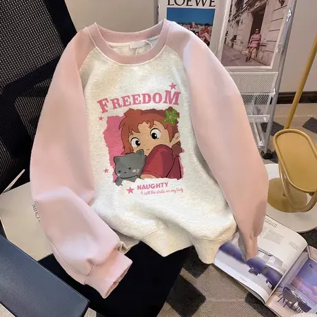 粉色圆领卫衣2023新款爆款加绒闺蜜装外套潮ins大码奶系别致上衣商品大图