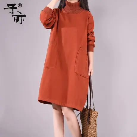 子亦冬季新款拼接高领时尚休闲加厚口袋加绒打底卫衣连衣裙图片