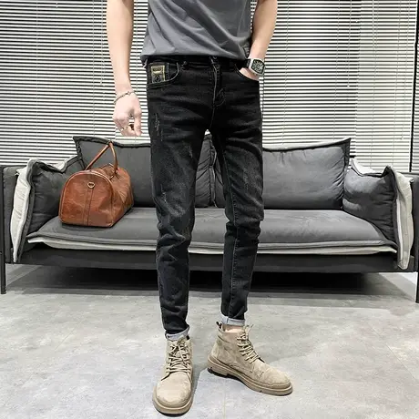 四季款2023韩版潮牌刺绣黑色复古修身小脚裤弹力猫爪破洞牛仔裤男商品大图