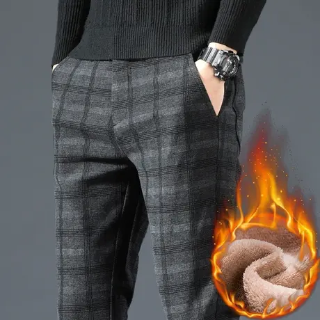 加绒男裤秋冬季毛呢格子西裤子男士商务休闲长裤加厚潮流外穿西装商品大图