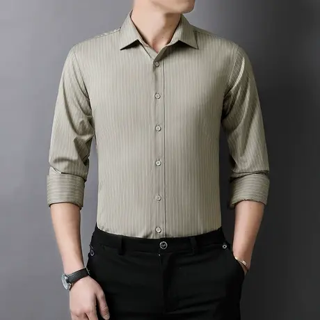 高级感春季条纹衬衫男士长袖时尚潮流帅气青年弹力商务休闲衬衣男商品大图