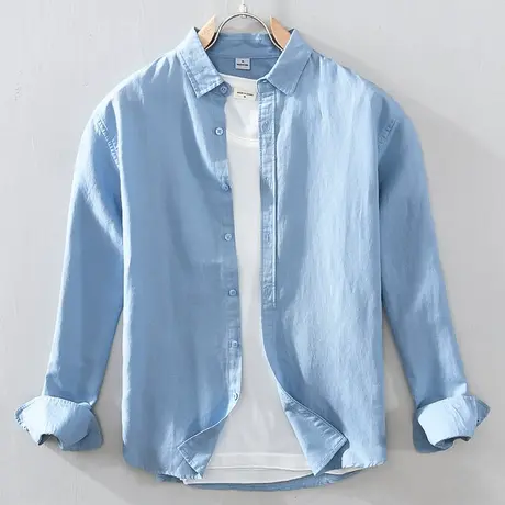 棉麻长袖衬衫男2023春秋季新款休闲翻领纯色衬衣宽松百搭外套潮流图片