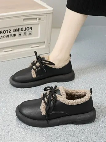 2023年秋冬新款时尚松糕休闲鞋简约英伦百搭保暖加绒系带乐福单鞋商品大图