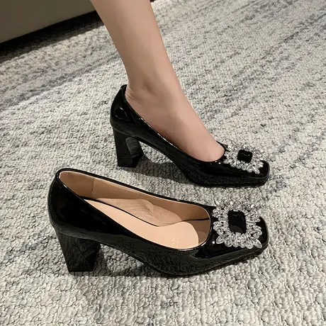 永希韩版配裙子小皮鞋女2024新款夏季一脚蹬水钻高级感法式高跟鞋图片