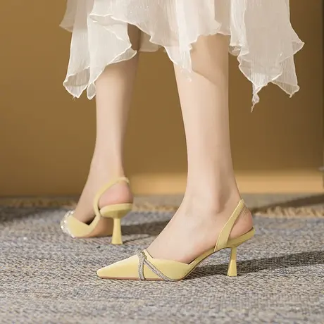 一字带凉鞋女2024年新款夏季尖头水钻高跟鞋细跟法式气质包头单鞋商品大图