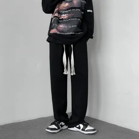 加绒加厚黑色裤子男秋冬款潮牌百搭青少年运动卫裤直筒宽松休闲裤商品大图