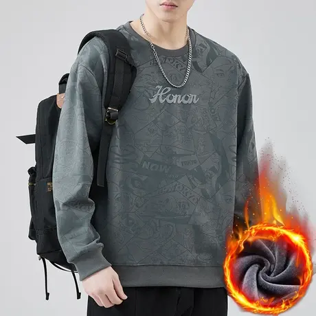 男生潮牌重磅加绒加厚打底衫冬季保温抓绒圆领卫衣秋冬款长袖上衣商品大图