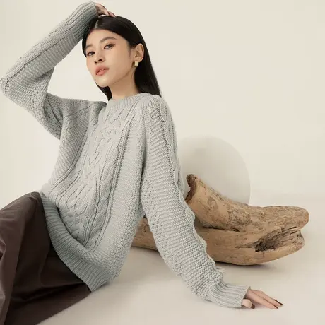桔熊秋冬季复古麻花圆领毛衣女宽松加厚软糯绞花针织衫大码FA2797图片