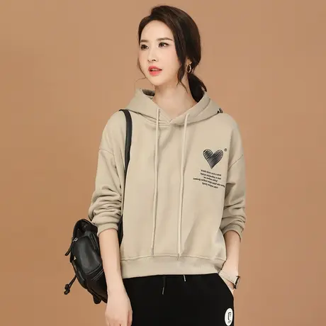 新品88折】复古连帽印花套头加绒卫衣女2023冬季新休闲短款上衣厚图片