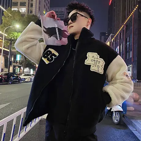 摇粒绒棉衣外套男冬季撞色美式潮牌加厚字母刺绣羊羔毛立领棉服图片