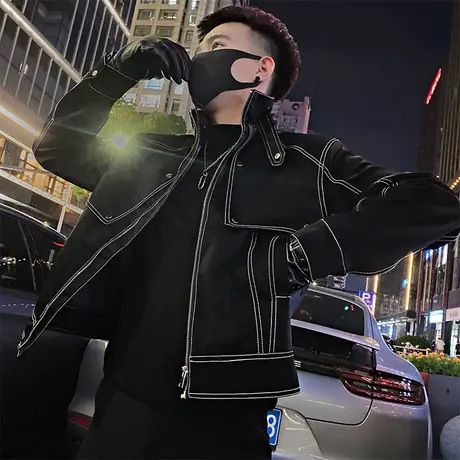 立领复古潮男短款机车夹克上衣秋冬潮ins重工明线设计感痞帅外套图片