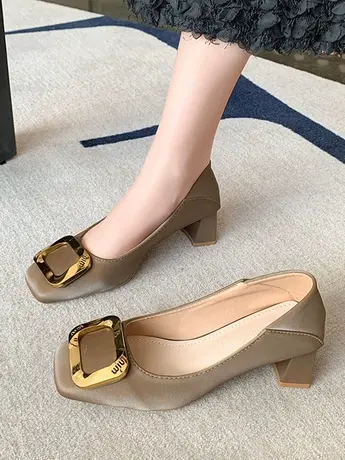 高跟鞋女春季2024年新款流行鞋子浅口通勤OL绒面中跟单鞋网红女鞋图片