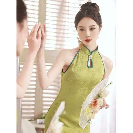 晨袍旗袍绿色新款2023女夏季敬酒服新娘改良少女年轻款新中式国风商品大图