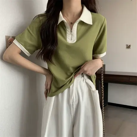 拼色正肩短袖T恤女2025年新款早春夏装修身显瘦半拉链POLO领上衣商品大图
