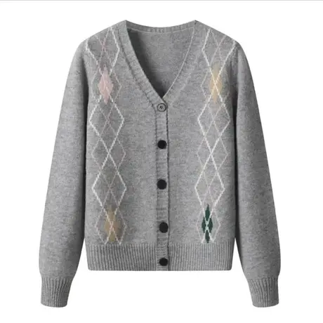 享永子【100%绵羊毛】菱格提花V领针织开衫毛衣外套女春秋宽松图片
