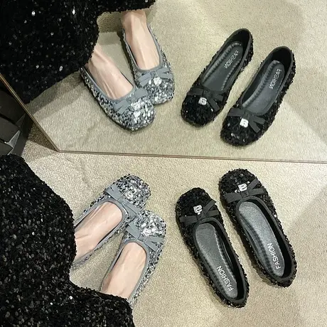 法式小香风平底单鞋女2024新款春季蝴蝶结复古奶奶鞋一脚蹬豆豆鞋商品大图