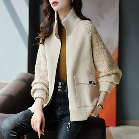 宝诗黎小立领针织拼接短外套花纹长袖2023秋季新款宽松百搭上衣女商品大图