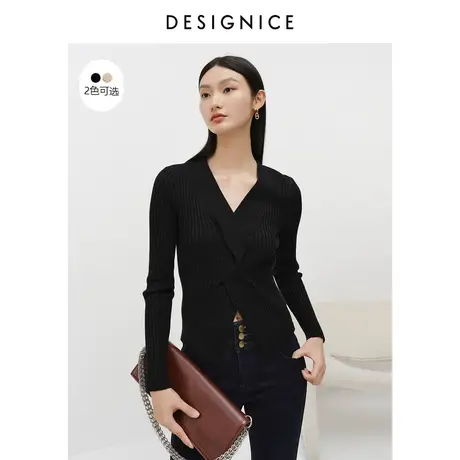 商场同款迪赛尼斯冬季通勤风黑色V领修身长袖套头针织衫女商品大图