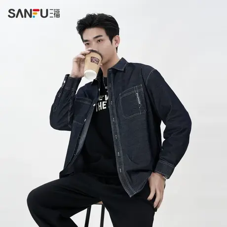 三福2024春季男士休闲细条灯芯绒长衬衫 修身翻领上衣男483986商品大图