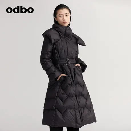 odbo/欧迪比欧白鸭绒连帽羽绒服女冬季新款加厚保暖中长款外套图片