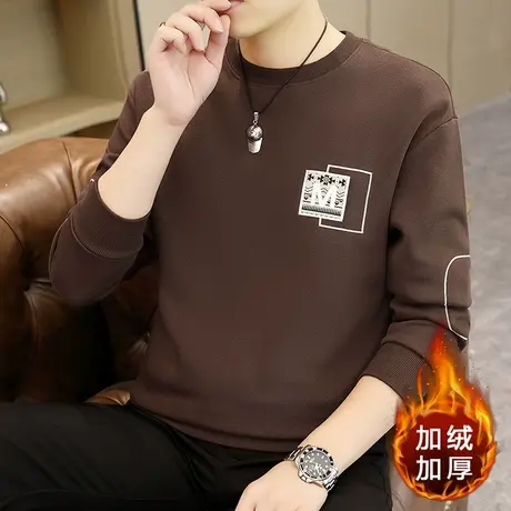 秋冬季男士卫衣加绒加厚圆领休闲长袖t恤绣花青年潮牌打底衫保暖商品大图