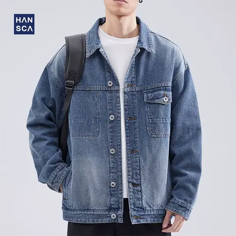 hansca复古牛仔外套潮牌男秋冬款美式宽松休闲帅气工装翻领夹克男商品大图