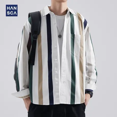 hansca秋季条纹长袖衬衫男士新款痞帅宽松衬衣日系翻领复古上衣潮商品大图
