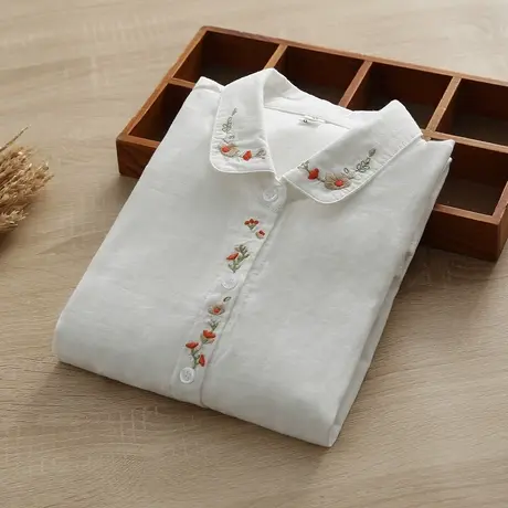 春秋装文艺小清新刺绣花朵柔软双层纱纯棉长袖衬衫女宽松打底衬衣商品大图