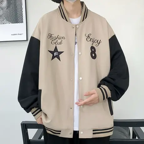 美式棒球服男款春秋季字母刺绣夹克男新款上衣青少年撞色拼接外套图片