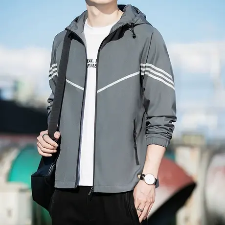 冬季连帽长袖夹克外套男士宽松条纹2023新款运动棒球服秋冬款上衣图片