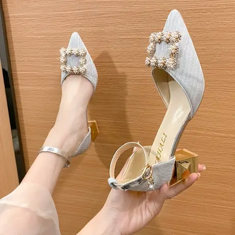气质尖头法式高跟鞋女粗跟婚鞋2023年夏季新款一字带包头凉鞋女鞋商品大图