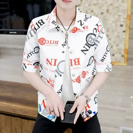 夏季短袖外套男薄款工装上衣潮流韩版帅气花衬衫半袖学生潮牌衬衣商品大图